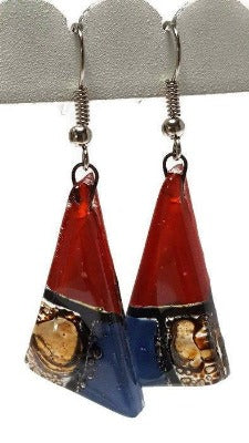 Red, Brown and blue triangle Earrings Long drop Earrings. Recycled Fused Glass dangle earrings