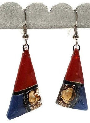 Red, Brown and blue triangle Earrings Long drop Earrings. Recycled Fused Glass dangle earrings