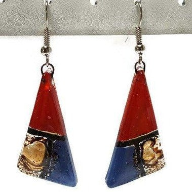 Red, Brown and blue triangle Earrings Long drop Earrings. Recycled Fused Glass dangle earrings