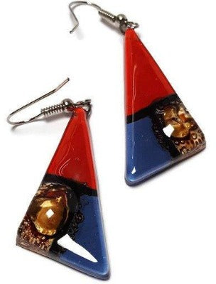 Red, Brown and blue triangle Earrings Long drop Earrings. Recycled Fused Glass dangle earrings