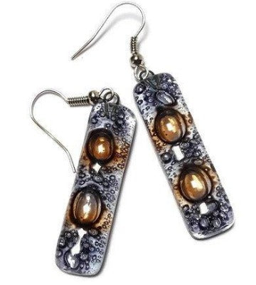 Clear lilac and Brown bars... Lots of bubbles. Recycled Fused Glass Dangling earrings
