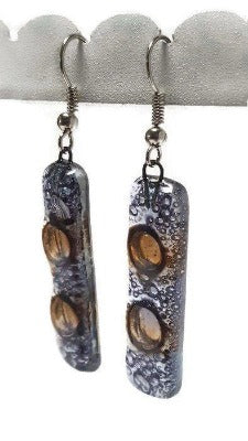 Clear lilac and Brown bars... Lots of bubbles. Recycled Fused Glass Dangling earrings