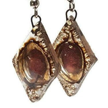 Caramel brown and copper Earrings Diamond Shaped Earrings Recycled fused glass Earrings