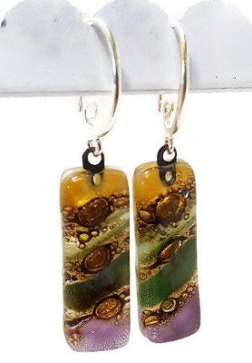 Fused glass multicolor earrings. Oblong fun colors recycled glass Dangle earrings