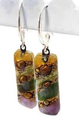 Fused glass multicolor earrings. Oblong fun colors recycled glass Dangle earrings
