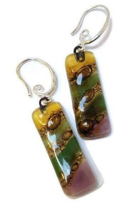 Fused glass multicolor earrings. Oblong fun colors recycled glass Dangle earrings