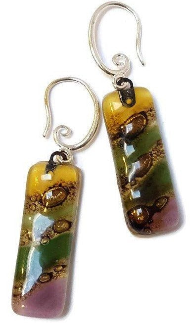 Fused glass multicolor earrings. Oblong fun colors recycled glass Dangle earrings