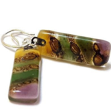 Fused glass multicolor earrings. Oblong fun colors recycled glass Dangle earrings