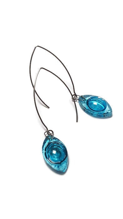 Long open oval V drop earrings. Blue recycled glass drop dangles.