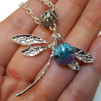 Dragonfly necklace. Recycled fused glass white, lilac and turquiose bead.