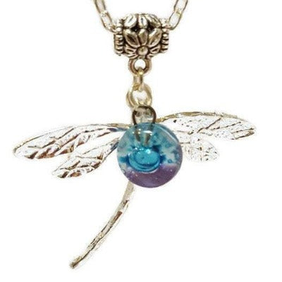 Dragonfly necklace. Recycled fused glass white, lilac and turquiose bead.