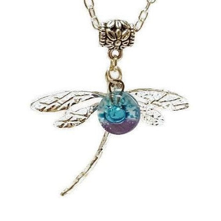 Dragonfly necklace. Recycled fused glass white, lilac and turquiose bead.