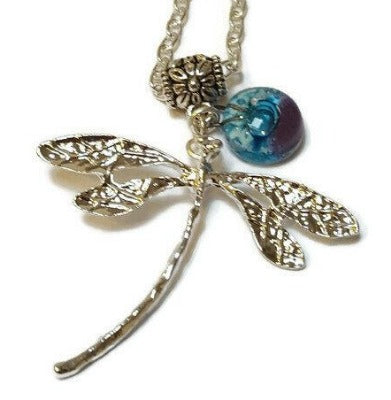 Dragonfly necklace. Recycled fused glass white, lilac and turquiose bead.