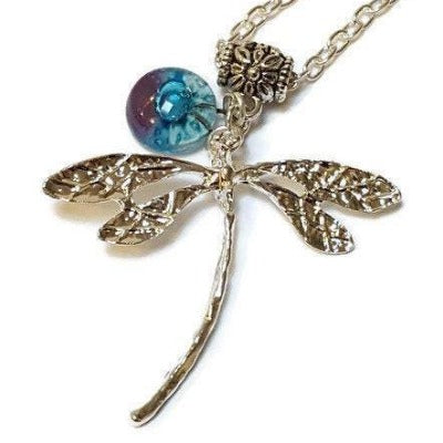 Dragonfly necklace. Recycled fused glass white, lilac and turquiose bead.