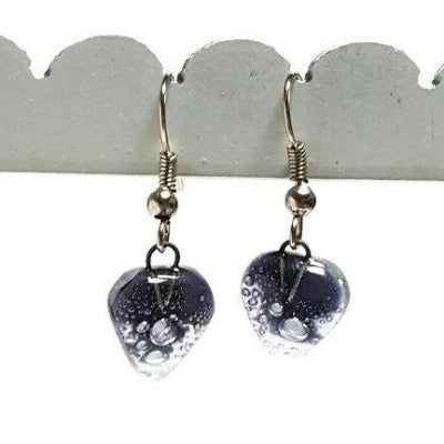 Small purple Earrings. Heart Shape Recycled glass Jewelry. Fused glass purply gray drop Earrings.