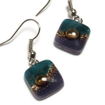 Small teal, brown and purple Square Fused Glass Dangle Earrings. Recycled Glass Drop earrings
