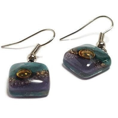 Small teal, brown and purple Square Fused Glass Dangle Earrings. Recycled Glass Drop earrings