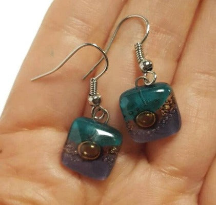 Small teal, brown and purple Square Fused Glass Dangle Earrings. Recycled Glass Drop earrings