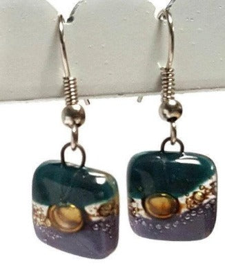Small teal, brown and purple Square Fused Glass Dangle Earrings. Recycled Glass Drop earrings