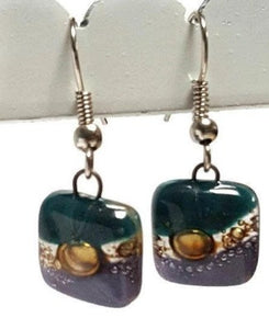 Small teal, brown and purple Square Fused Glass  Dangle Earrings. Recycled Glass Drop earrings