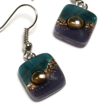 Small teal, brown and purple Square Fused Glass Dangle Earrings. Recycled Glass Drop earrings