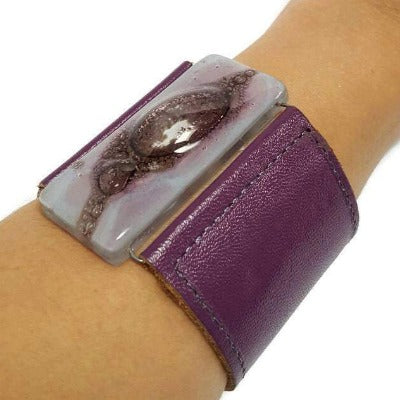 Glass and leather. Lavender lilac with Purple Leather Cuff. Recycled fused Glass wide bracelet