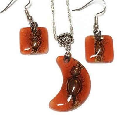 Set earrings and Moon pendant. Red and brown Recycled Glass. Handmade