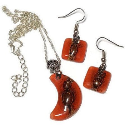 Set earrings and Moon pendant. Red and brown Recycled Glass. Handmade
