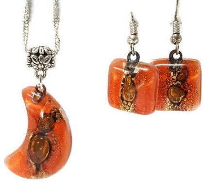 Set earrings and Moon pendant. Red and brown Recycled Glass. Handmade