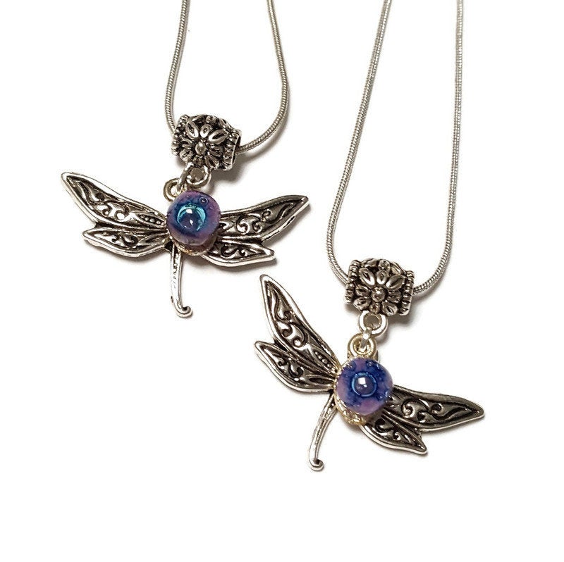 BFF Dragonfly necklace set. Recycled fused glass Lilac and Blue beads. Set of 2 necklaces. Small dainty pendant. Best gift