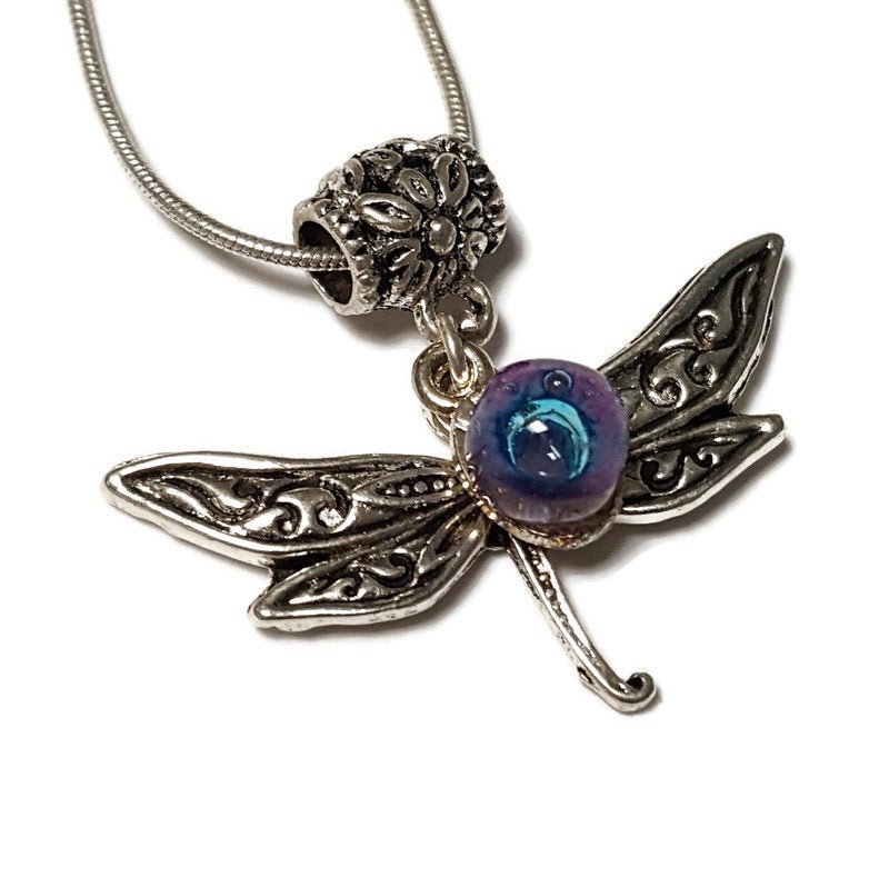 BFF Dragonfly necklace set. Recycled fused glass Lilac and Blue beads. Set of 2 necklaces. Small dainty pendant. Best gift