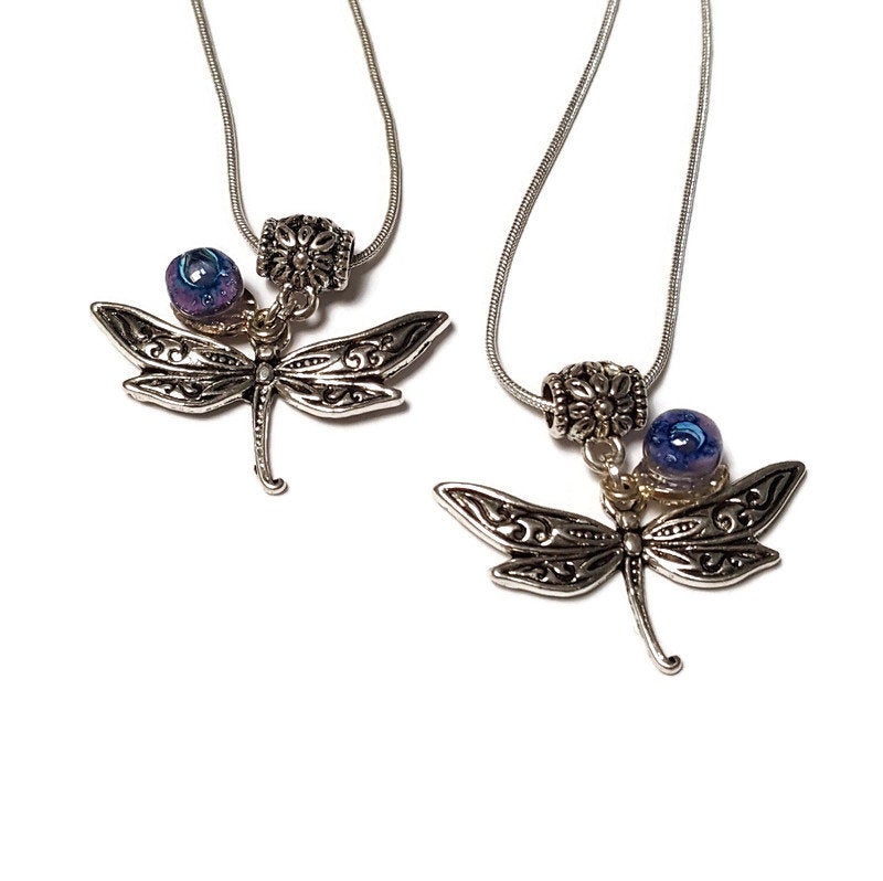 BFF Dragonfly necklace set. Recycled fused glass Lilac and Blue beads. Set of 2 necklaces. Small dainty pendant. Best gift