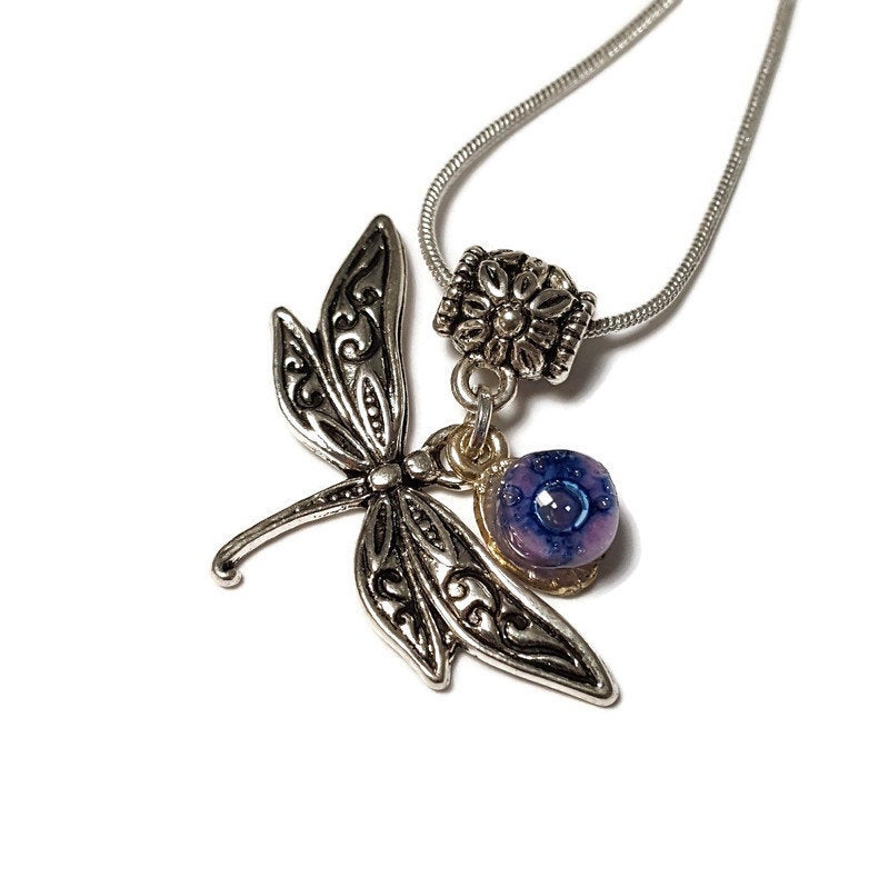 BFF Dragonfly necklace set. Recycled fused glass Lilac and Blue beads. Set of 2 necklaces. Small dainty pendant. Best gift