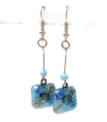 Long baby blue and Brown Recycled Fused glass fun casual earrings. Glass handcrafted beads. Great gifts for her.