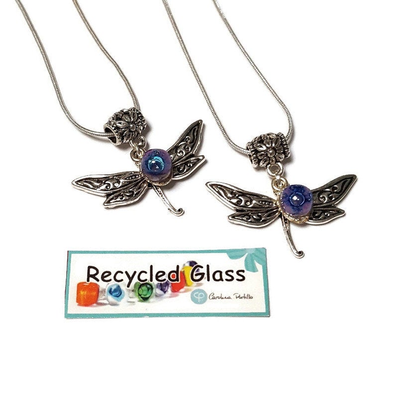 BFF Dragonfly necklace set. Recycled fused glass Lilac and Blue beads. Set of 2 necklaces. Small dainty pendant. Best gift