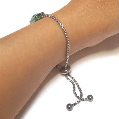 Green Stainless Steel Box Chain Slider Bracelet. Minimalist, Dainty, Pull Tie bracelet. Adjustable slider bracelet with recycled glass charm