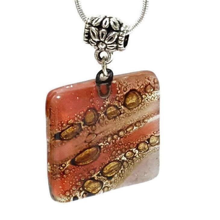 Square small Pendant. Handmade Red, Pink and Brown Recycled Fused Glass Necklace. Dainty colorful necklace. Everyday Pendant. handcrafted