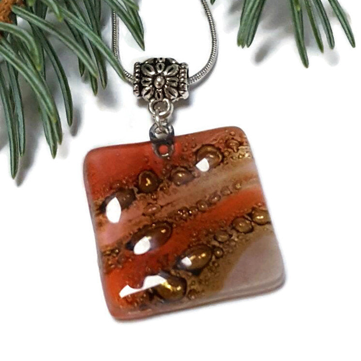 Square small Pendant. Handmade Red, Pink and Brown Recycled Fused Glass Necklace. Dainty colorful necklace. Everyday Pendant. handcrafted