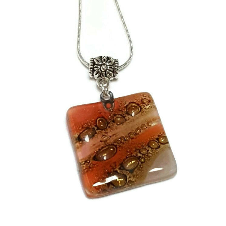 Square small Pendant. Handmade Red, Pink and Brown Recycled Fused Glass Necklace. Dainty colorful necklace. Everyday Pendant. handcrafted