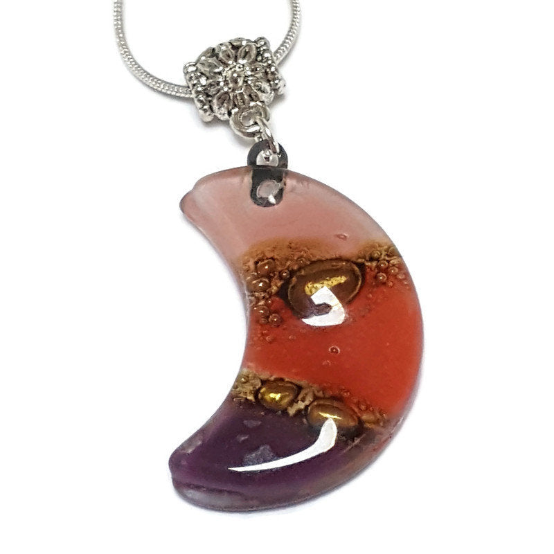 Purple Moon. Recycled fused Glass Pendant. Small moon shaped necklace. Handmade magic jewelry. Moon lovers gift. Eco Friendly. Astros