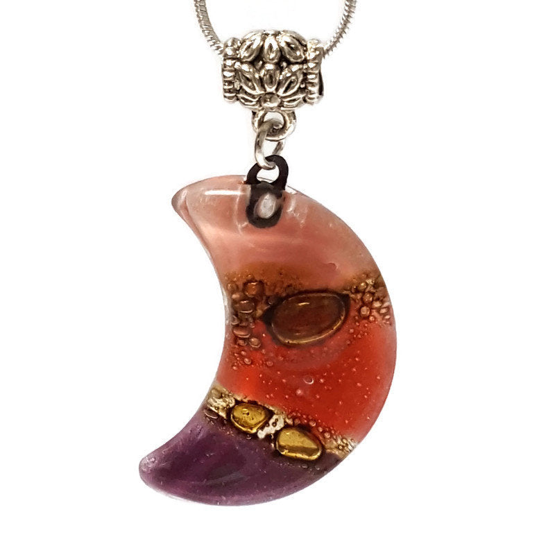 Purple Moon. Recycled fused Glass Pendant. Small moon shaped necklace. Handmade magic jewelry. Moon lovers gift. Eco Friendly. Astros