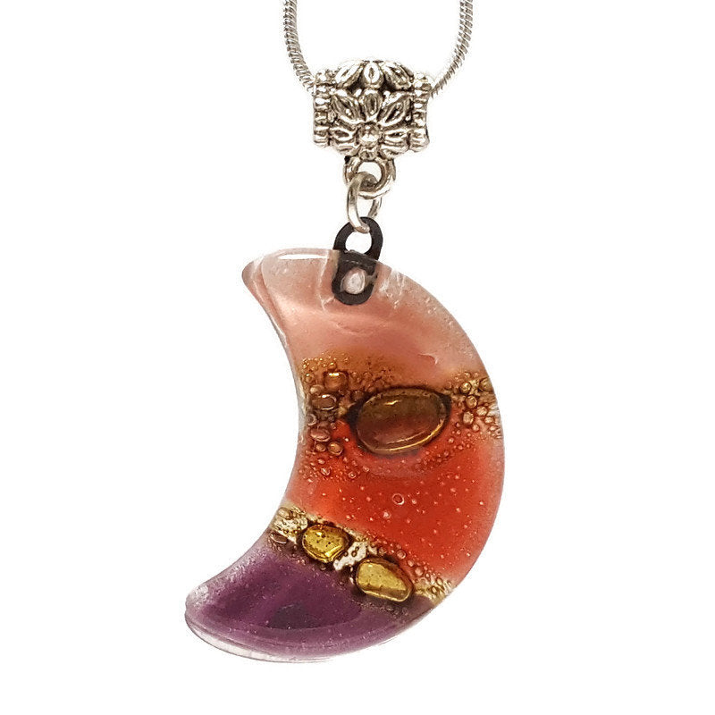 Purple Moon. Recycled fused Glass Pendant. Small moon shaped necklace. Handmade magic jewelry. Moon lovers gift. Eco Friendly. Astros