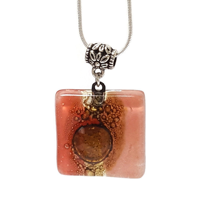 Necklace. Square Red and pink small recycled glass Pendant. Handmade Red, pink and brown. Dainty colorful necklace. Everyday Pendant
