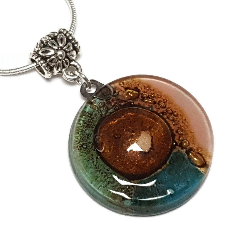 Round Pendant. Recycled Fused Glass Green and pink Handmade small necklace. Handcrafted beads. Golden Bubbles. Great holiday gift. Colorful