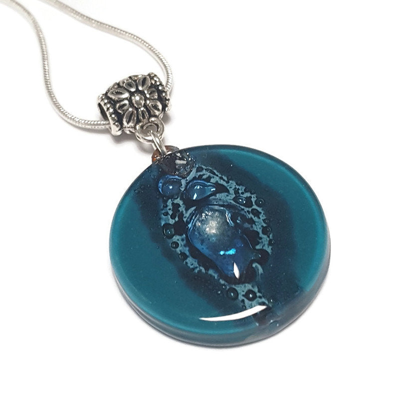 Glass pendantTeal and blue round Fused Glass Pendant. Recycled Glass Necklace. handmade Jewelry. Best holiday gift. Hand painted fused glass