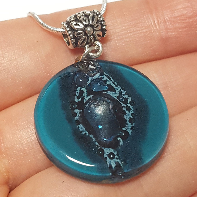 Glass pendantTeal and blue round Fused Glass Pendant. Recycled Glass Necklace. handmade Jewelry. Best holiday gift. Hand painted fused glass