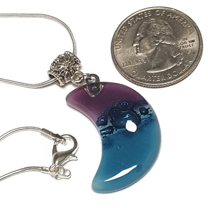 Purple, blue Moon Recycled Glass Pendant. Small moon made of Recycled Glass. Handmade. Best holiday gift. Crescent moon. Waxing moon