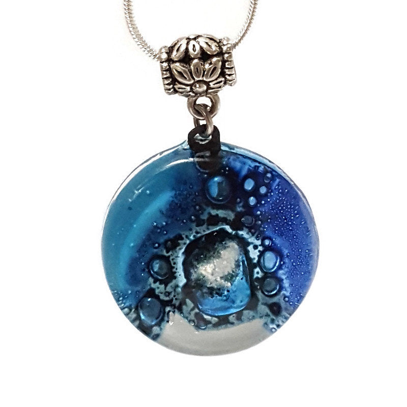 Glass pendant Blue and white round Fused Glass Necklace. Silver bubbles. Handmade gifts. Unque handcrafted necklace. Glass with bubbles