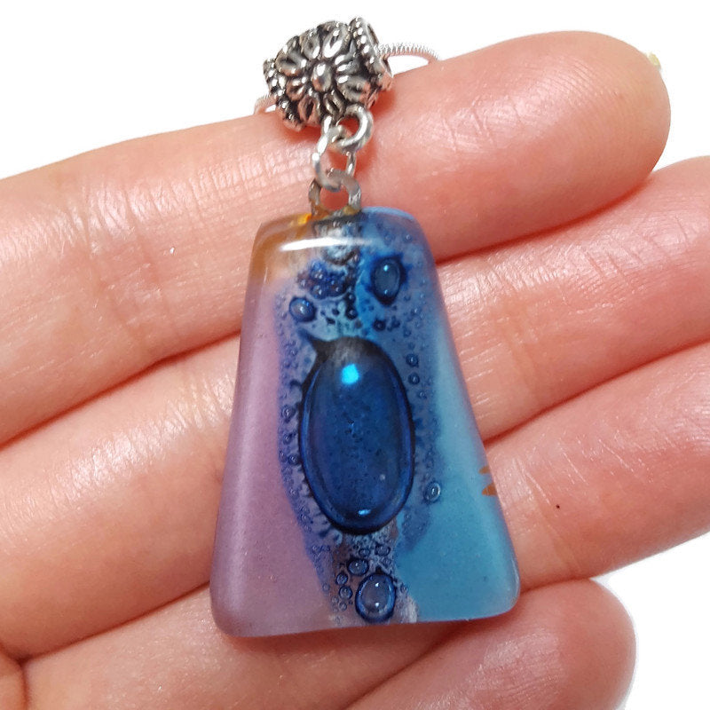 Blue and lilac Recycled Fused Glass small Pendant. Handmade unique geometric necklace. Glass with bubbles. Best One of a kind gifts.