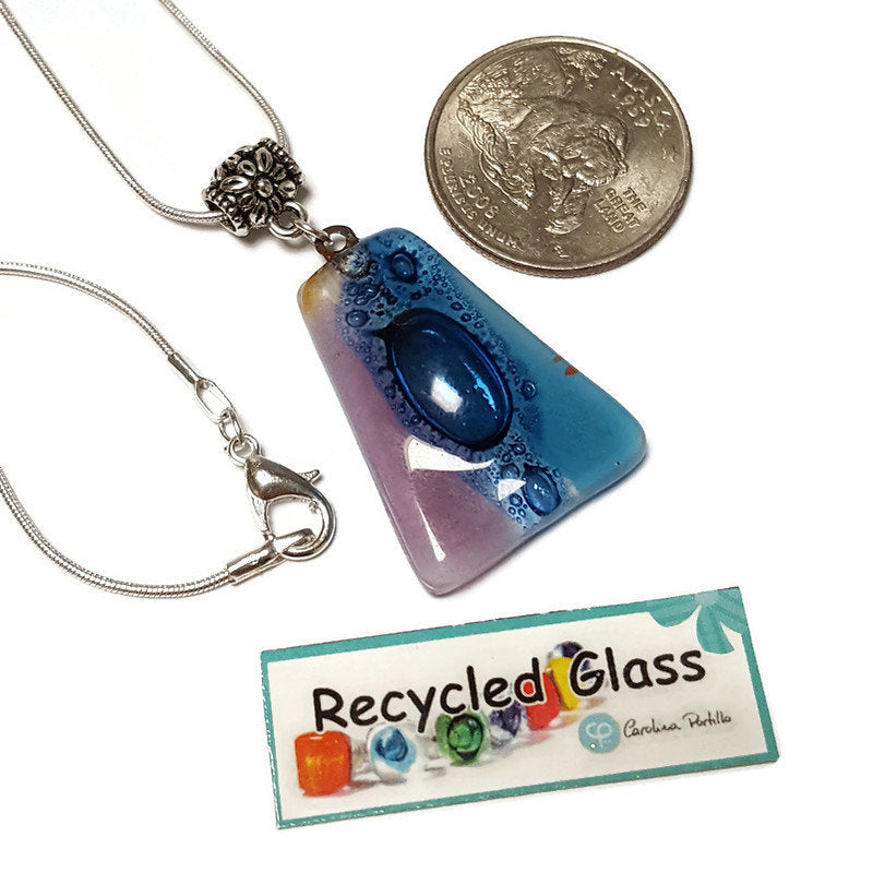 Blue and lilac Recycled Fused Glass small Pendant. Handmade unique geometric necklace. Glass with bubbles. Best One of a kind gifts.